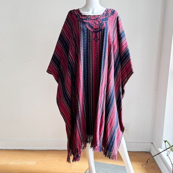 Vintage Ethnic Burgundy Blue Embroidered Poncho OS - Picture 1 of 6